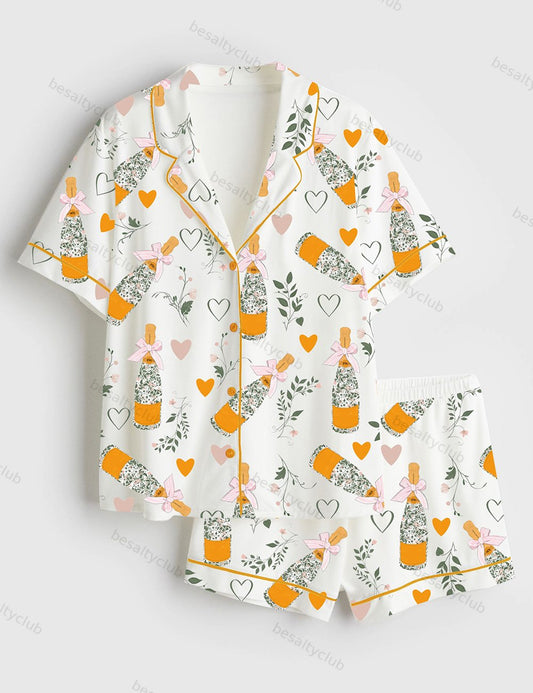 Champagne Bottle Romantic Floral Hearts Wedding Short Sleeve Satin Pajama Set