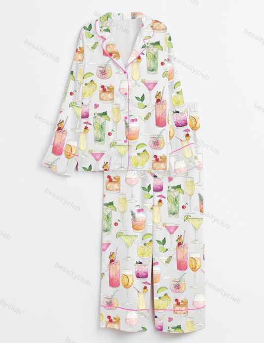 Summer Cocktail Wine Lovers Old Fashioned Long Sleeve Satin Pajama Set