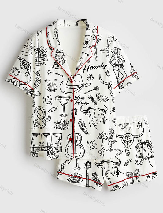 Cowgirl Whimsical Style Hand Drawn Western Bachelorette Party Short Sleeve Satin Pajama Set