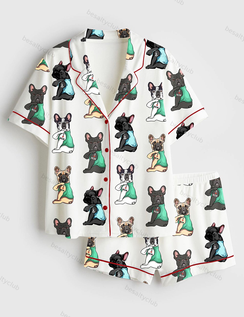 French Bulldog I Love Mom Frenchie Mom Cute Frenchie Bulldog Print Short Sleeve Satin Pajama Set