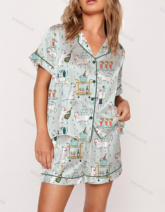 Cat Cocktail Waiter Satin Pajama Set