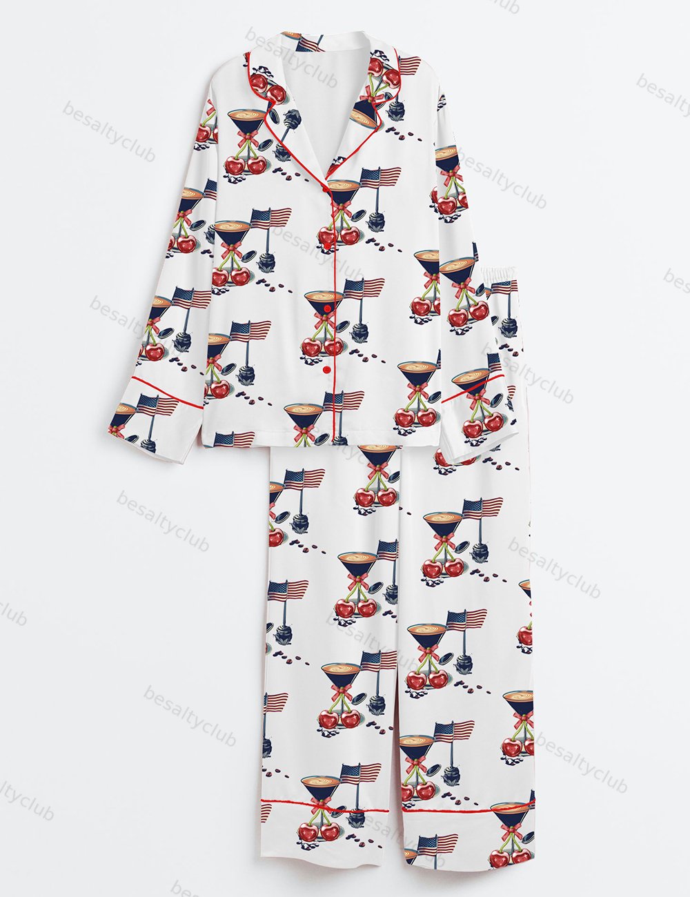 Espresso Martini Cherry Coquette Bow USA Flag Cocktail 4th Of July Long Sleeve Satin Pajama Set