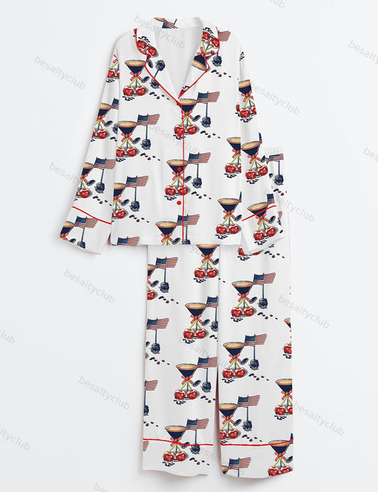 Espresso Martini Cherry Coquette Bow USA Flag Cocktail 4th Of July Long Sleeve Satin Pajama Set