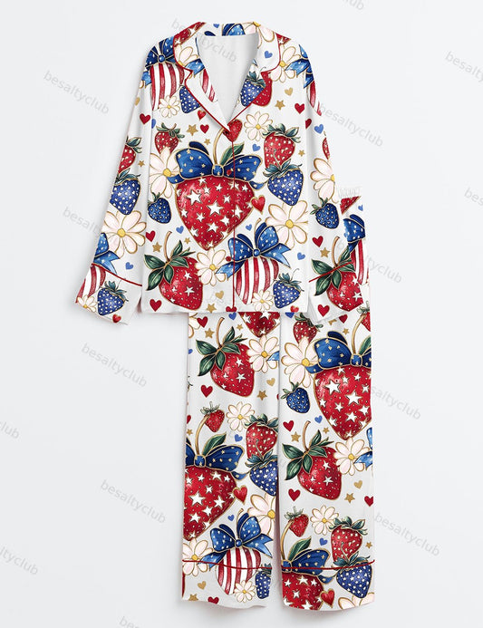 Boho 4th Of July Preppy Strawberry Patriotic Bow Print Long Sleeve Satin Pajama Set