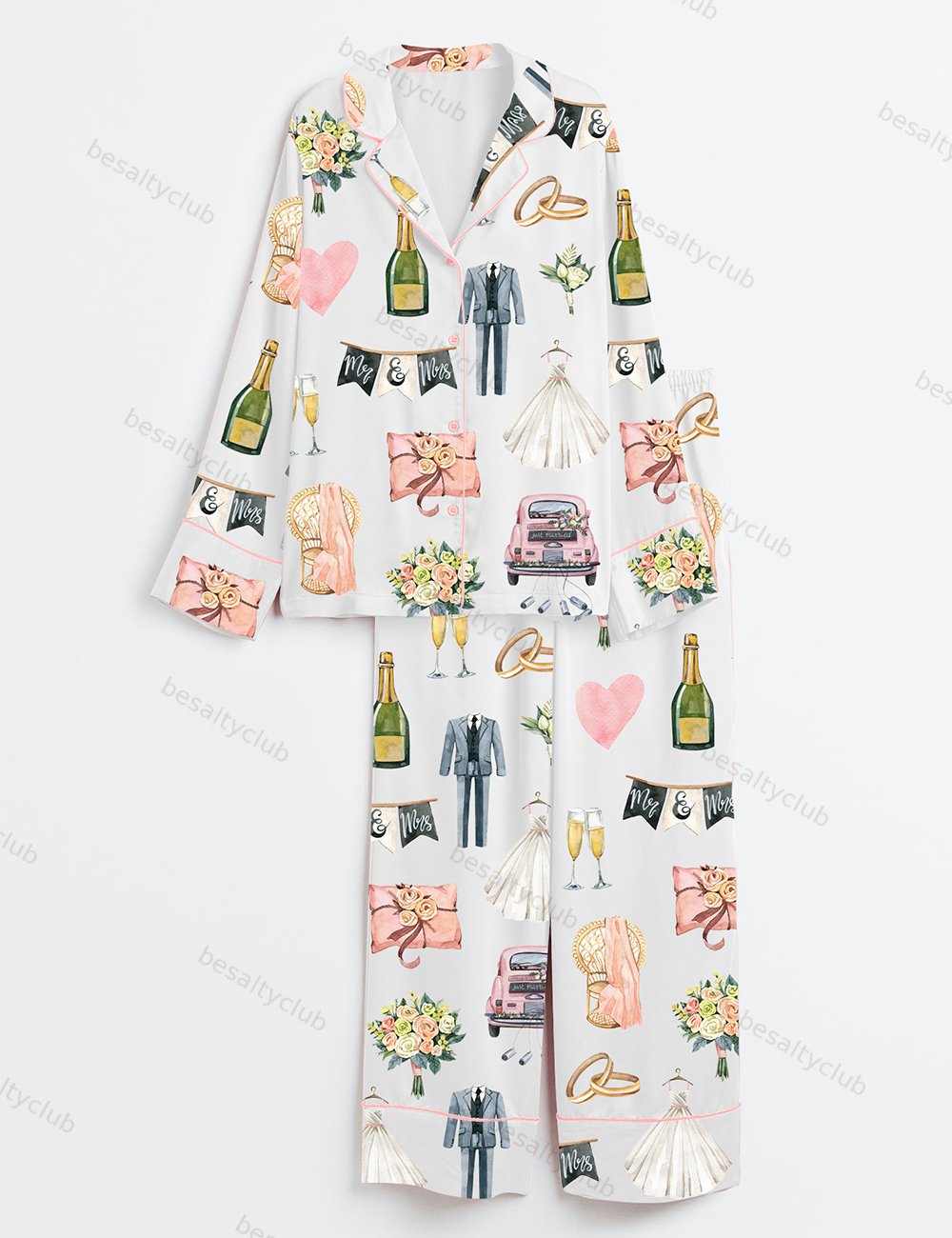 Wedding Day Anniversary Long Sleeve Satin Pajama Set