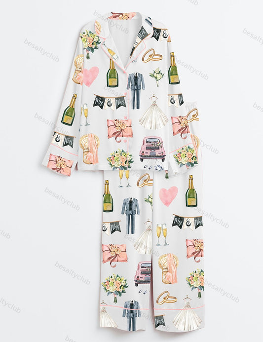 Wedding Day Anniversary Long Sleeve Satin Pajama Set