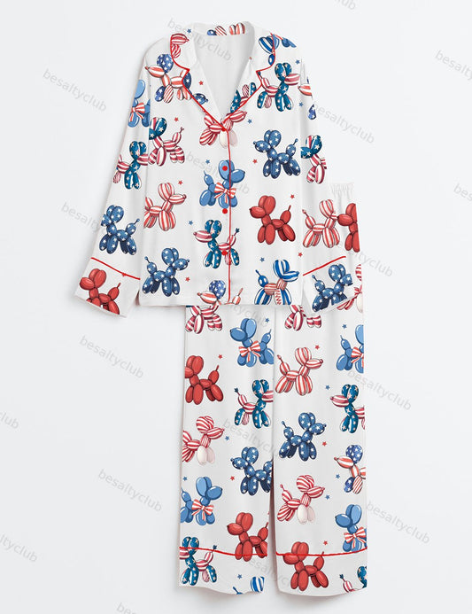 Patriotic Balloon Dog 4th Of July Animal Red White Blue Star USA Print Long Sleeve Satin Pajama Set