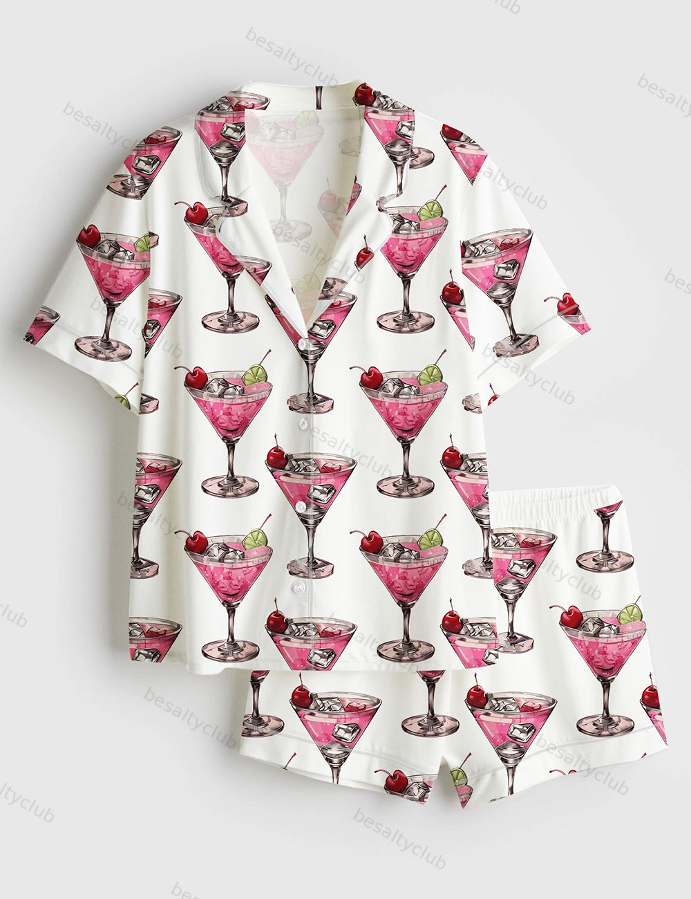 Cosmopolitan Cocktail Retro Bar Drink Short Sleeve Satin Pajama Set