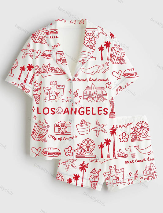 Los Angeles California Landmarks I Love LA Hollywood USA Short Sleeve Satin Pajama Set