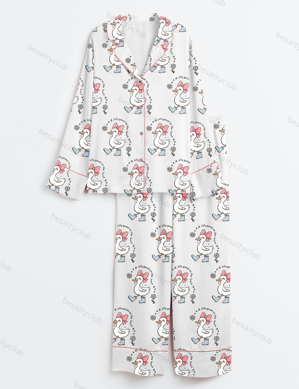 Silly Goose On The Loose Funny Farm Animal Print Long Sleeve Satin Pajama Set