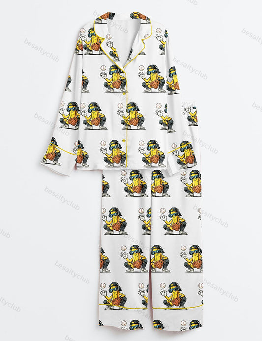 Cool Banana Baseball Funny Catcher Fruit Hip Hop Banana Print Long Sleeve Satin Pajama Set
