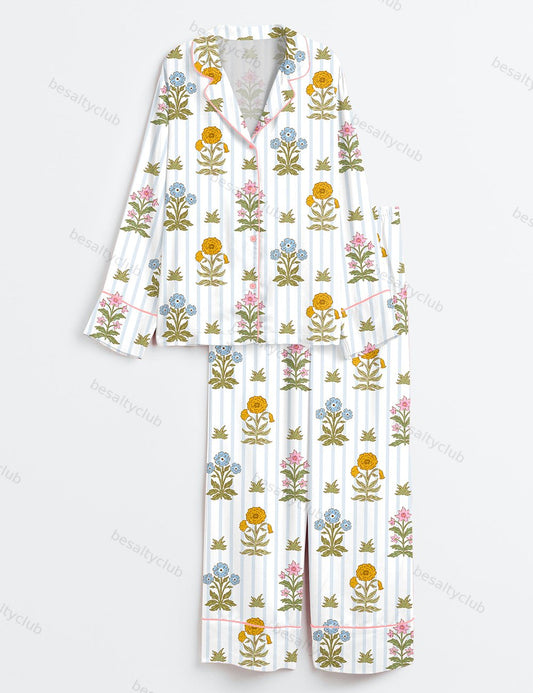 Florals And Sripes Long Sleeve Satin Pajama Set