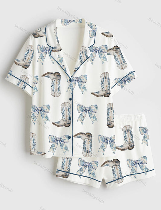 Coquette Blue Bow And Boots Cowgirl  Short Sleeve Satin Pajama Set