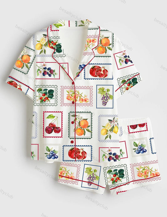 Summer Fruit Farmer's Market Cottage Core Gardening Short Sleeve Satin Pajama Set