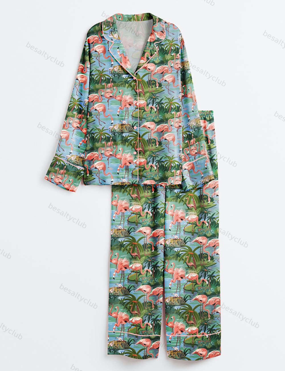 Flamingo Lagoon Summer Beach Plant Long Sleeve Satin Pajama Set