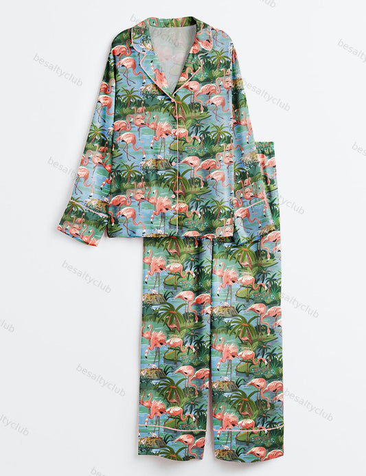Flamingo Lagoon Summer Beach Plant Long Sleeve Satin Pajama Set