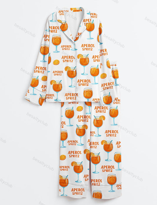 Aperol Spritz Trio Watercolor Summer Ocean Beach Vibes Print Long Sleeve Satin Pajama Set