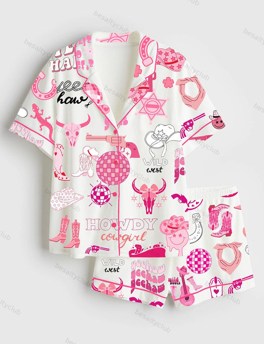 Cowgirl Boots Hat Let's Go Girls Disco Cowgirl Western Short Sleeve Satin Pajama Set
