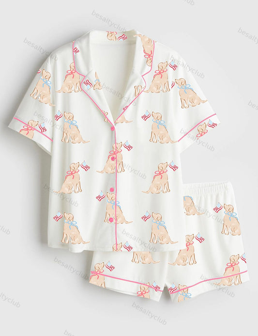 Patriotic Pups 4th Of July Short Sleeve Satin Pajama Set