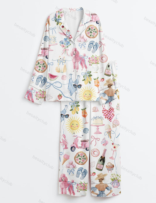 Whimsical Wedding Dolce Vita Wedding Coquette Mediterranean Aperol Beach Travel Dog Champagne Beach Long Sleeve Satin Pajama Set