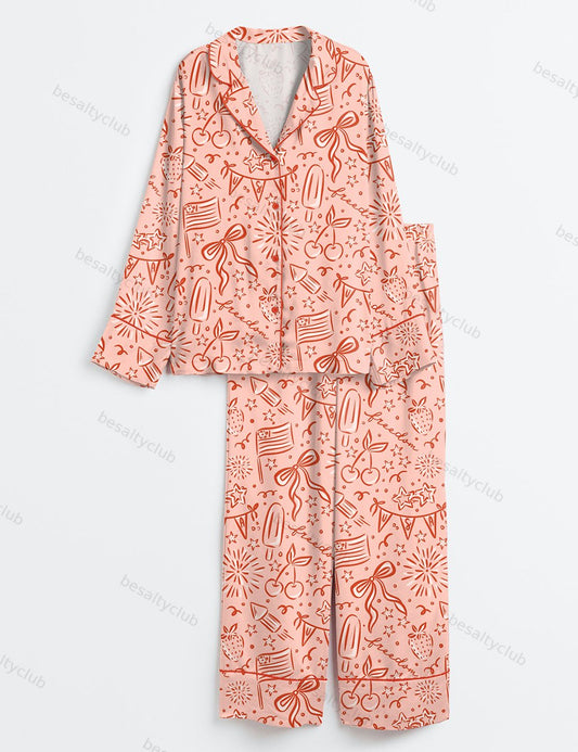 4th Of July Patriotic Party Long Sleeve Satin Pajama Set