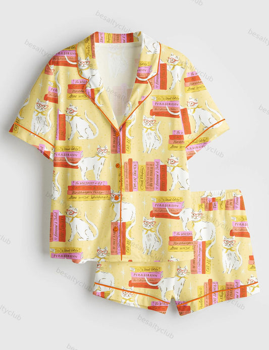 Cat Life And Book Obsessed Short Sleeve Satin Pajama Set