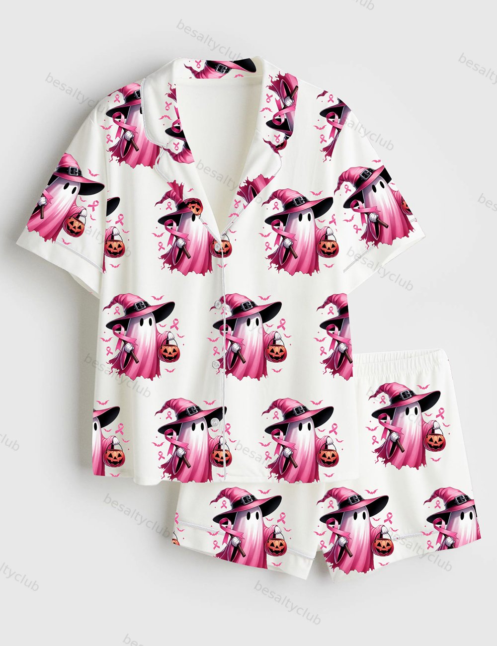 In October We Wear Pink Breast Cancer Awareness Halloween Pink Ghost Short Sleeve Satin Pajama Set