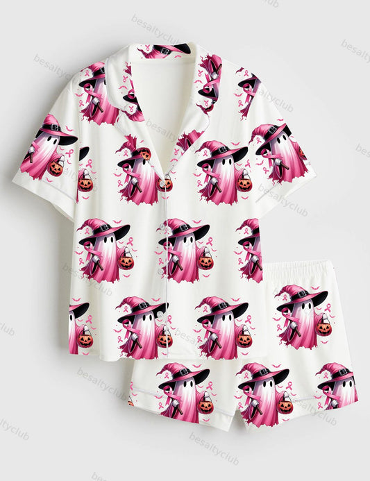 In October We Wear Pink Breast Cancer Awareness Halloween Pink Ghost Short Sleeve Satin Pajama Set