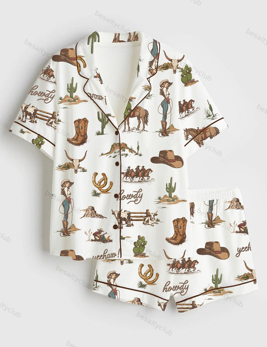 Rustic Americana Western Vintage Cowboy Short Sleeve Satin Pajama Set