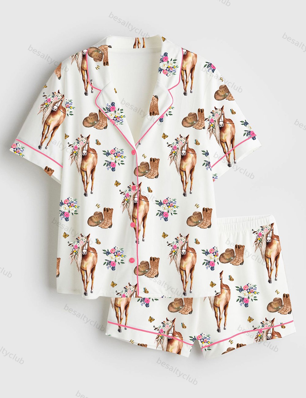 Floral Horse Western Cowgirl Boots Short Sleeve Satin Pajama Set