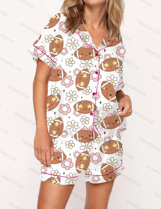 Retro Girly Floral Football Satin Pajama Short Set