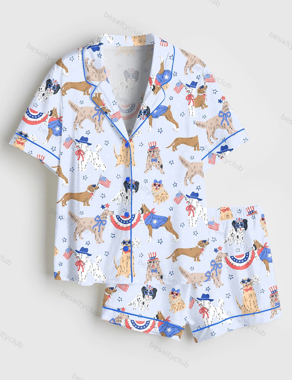 Patriotic Dog Art America Red White And Blue Summer Print Short Sleeve Satin Pajama Set