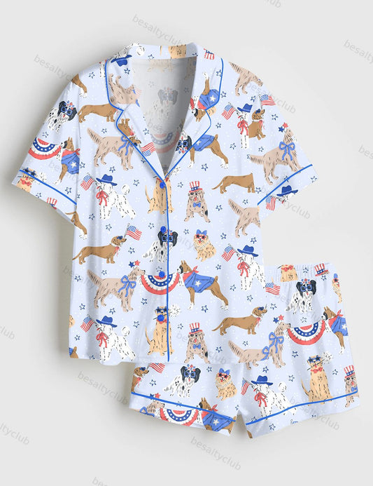 Patriotic Dog Art America Red White And Blue Summer Print Short Sleeve Satin Pajama Set