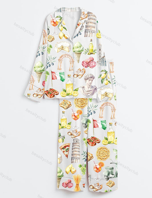 Watercolor Italy Mediterranean Summer Amalfi Coast Rome Italian Food Olives Lemons Pizza Pasta Print Long Sleeve Satin Pajama Set