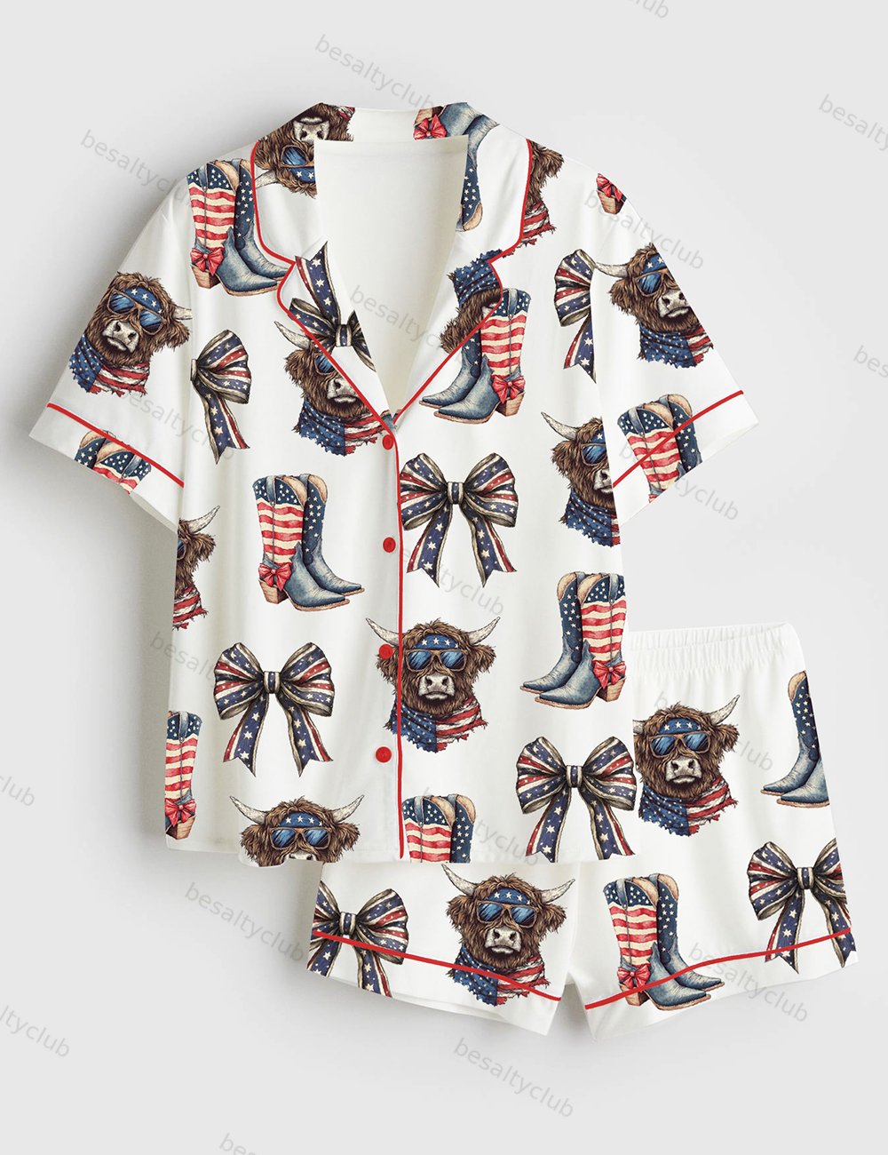 America Highland Cow Western 4th Of July Short Sleeve Satin Pajama Set