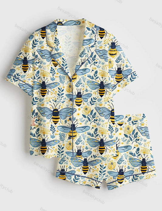 Flowers And Bees Wildflower Honeybee Summer Surface Short Sleeve Satin Pajama Set