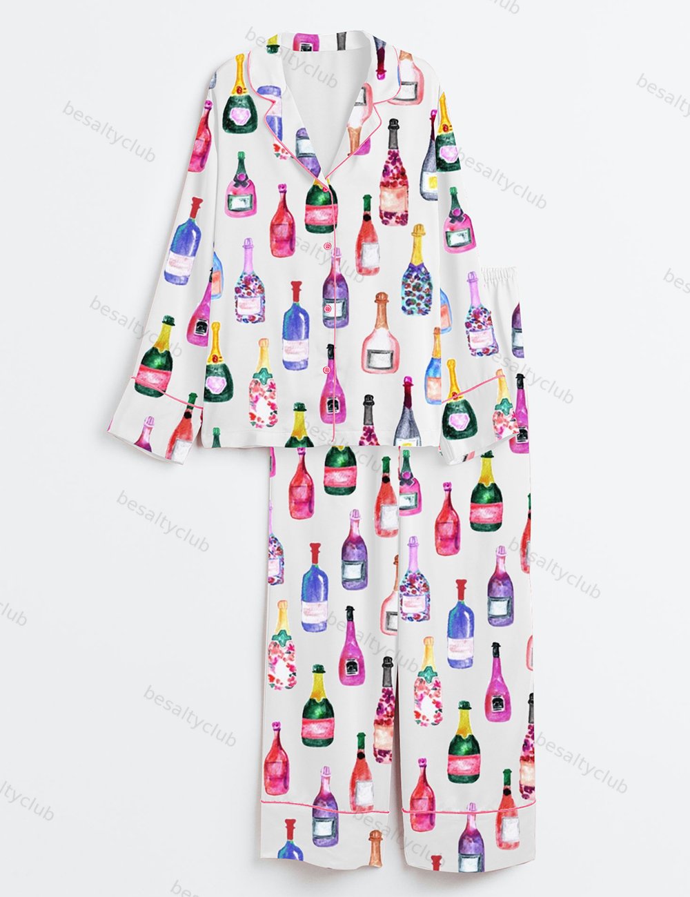 Champagne Bottles Watercolor Hot Pink Long Sleeve Satin Pajama Set