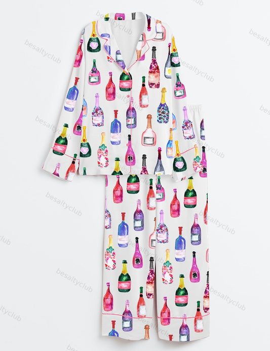 Champagne Bottles Watercolor Hot Pink Long Sleeve Satin Pajama Set
