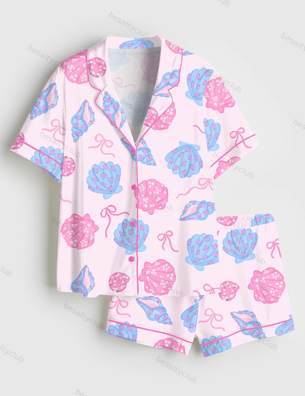 Coquette Seashells Retro Summer Beach Vintage Vibes Print Short Sleeve Satin Pajama Set