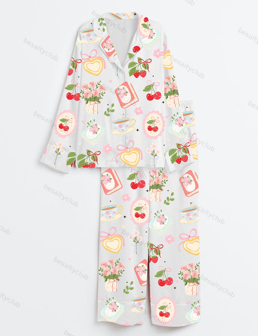 Cottagecore Tea And Berry Floral Books Cherries And Spring Elements Botanical Floral Farm Book And Coffee Flower Long Sleeve Satin Pajama Set