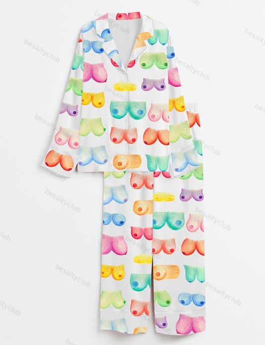 Breast Art Breast Cancer Awareness Body Positivity Watercolor Print Long Sleeve Satin Pajama Set