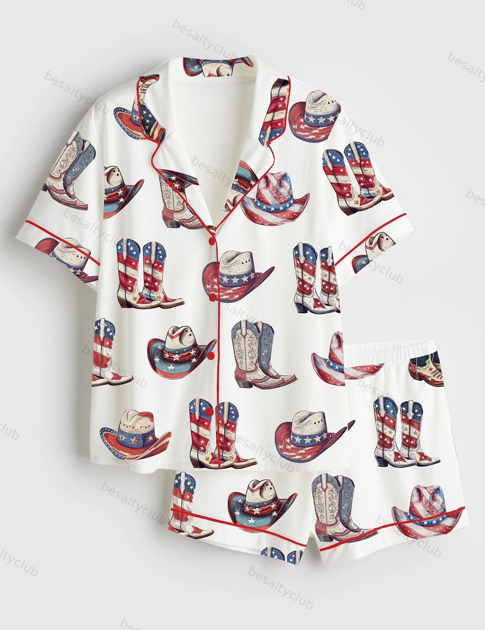 4th of July Patriotic Western Cowgirl Short Sleeve Satin Pajama Set