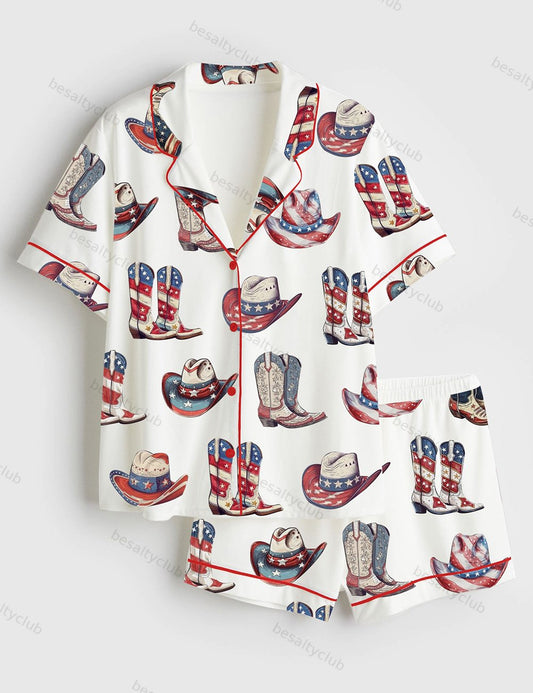 4th of July Patriotic Western Cowgirl Short Sleeve Satin Pajama Set
