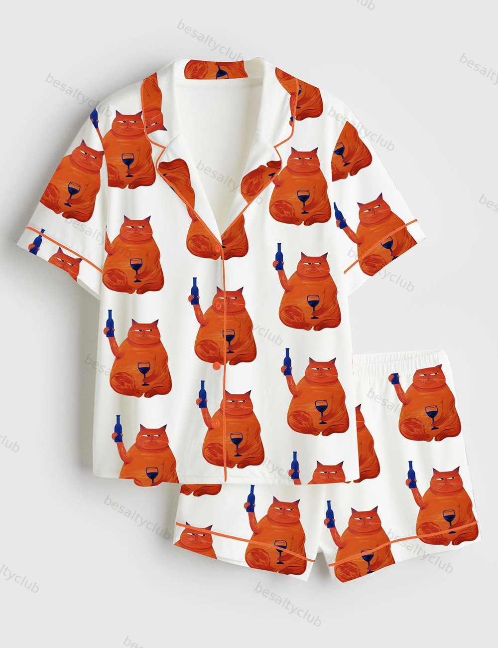 Cat Wine Cheers Short Sleeve Satin Pajama Set