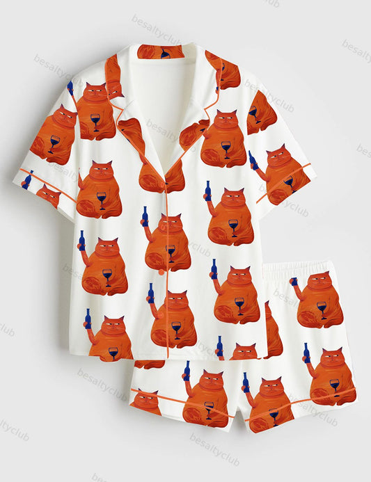 Cat Wine Cheers Short Sleeve Satin Pajama Set