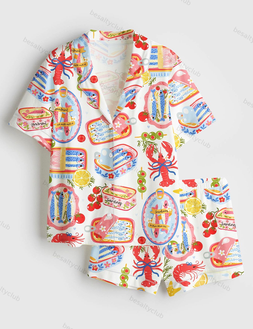 Fisherman Aesthetic Sardines Cute Sardines Can Girly Summer Tinned Fish Coastal Nautical Summer Ocean Beach Vibes Print Short Sleeve Satin Pajama Set