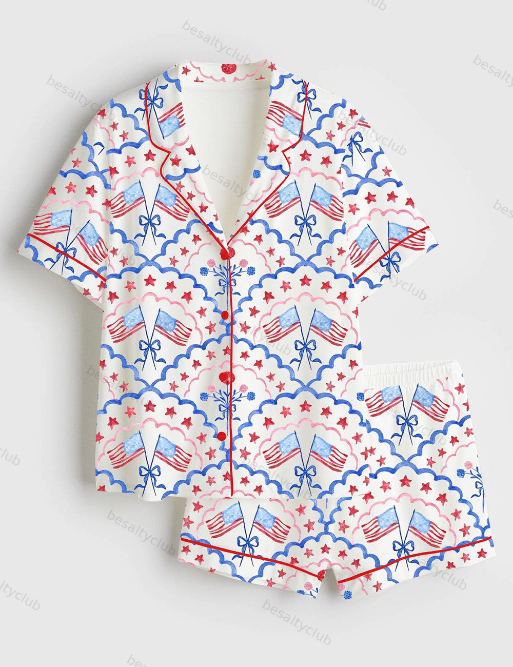 Red White And Blue Scalloped USA Flag And Floral 4th Of July Patriotic Print Short Sleeve Satin Pajama Set