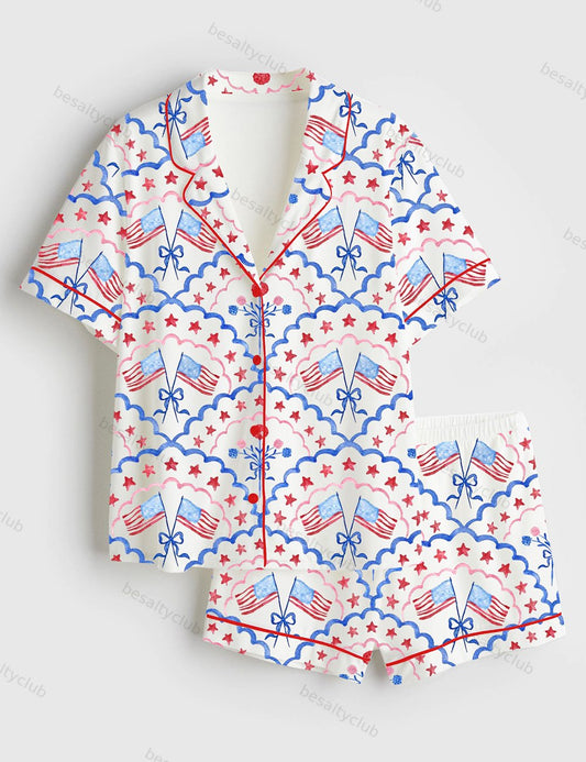 Red White And Blue Scalloped USA Flag And Floral 4th Of July Patriotic Print Short Sleeve Satin Pajama Set