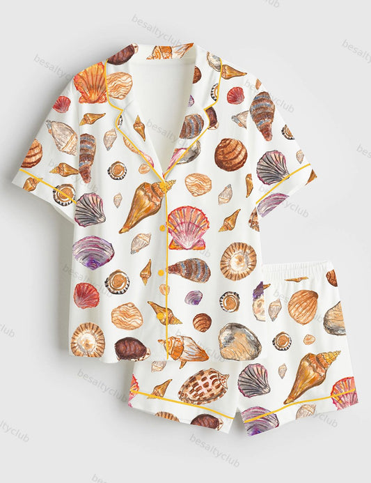 The Shells At The Beach Short Sleeve Satin Pajama Set