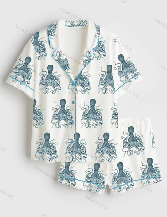 Octopus Oasis in Sea Short Sleeve Satin Pajama Set
